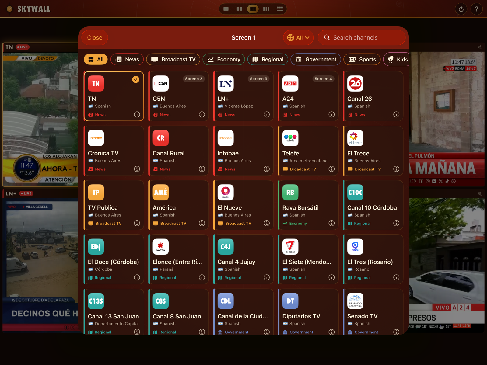 The Skywall channel browser with countries, categories and search