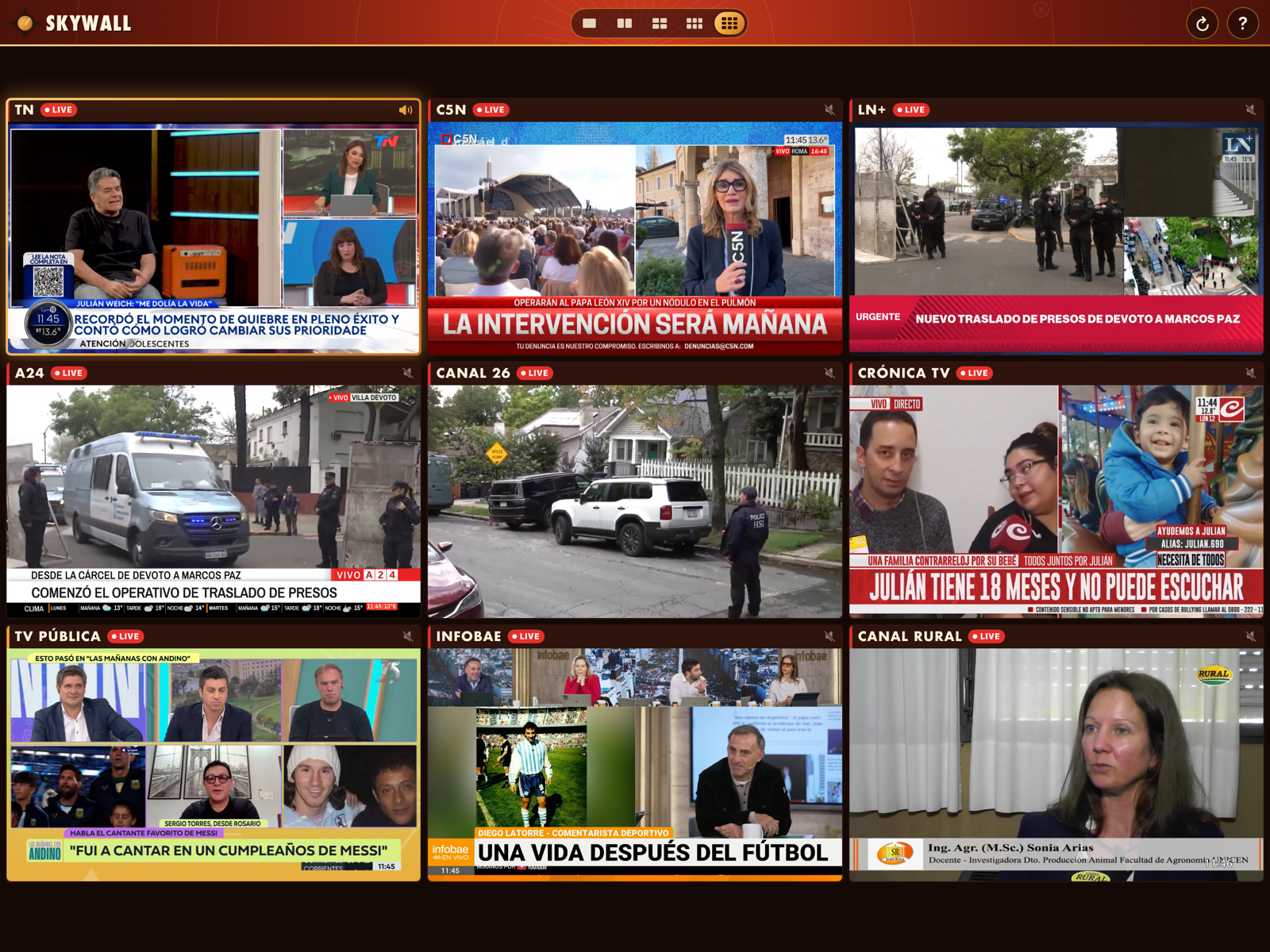 Skywall on iPad showing a wall of nine live channels