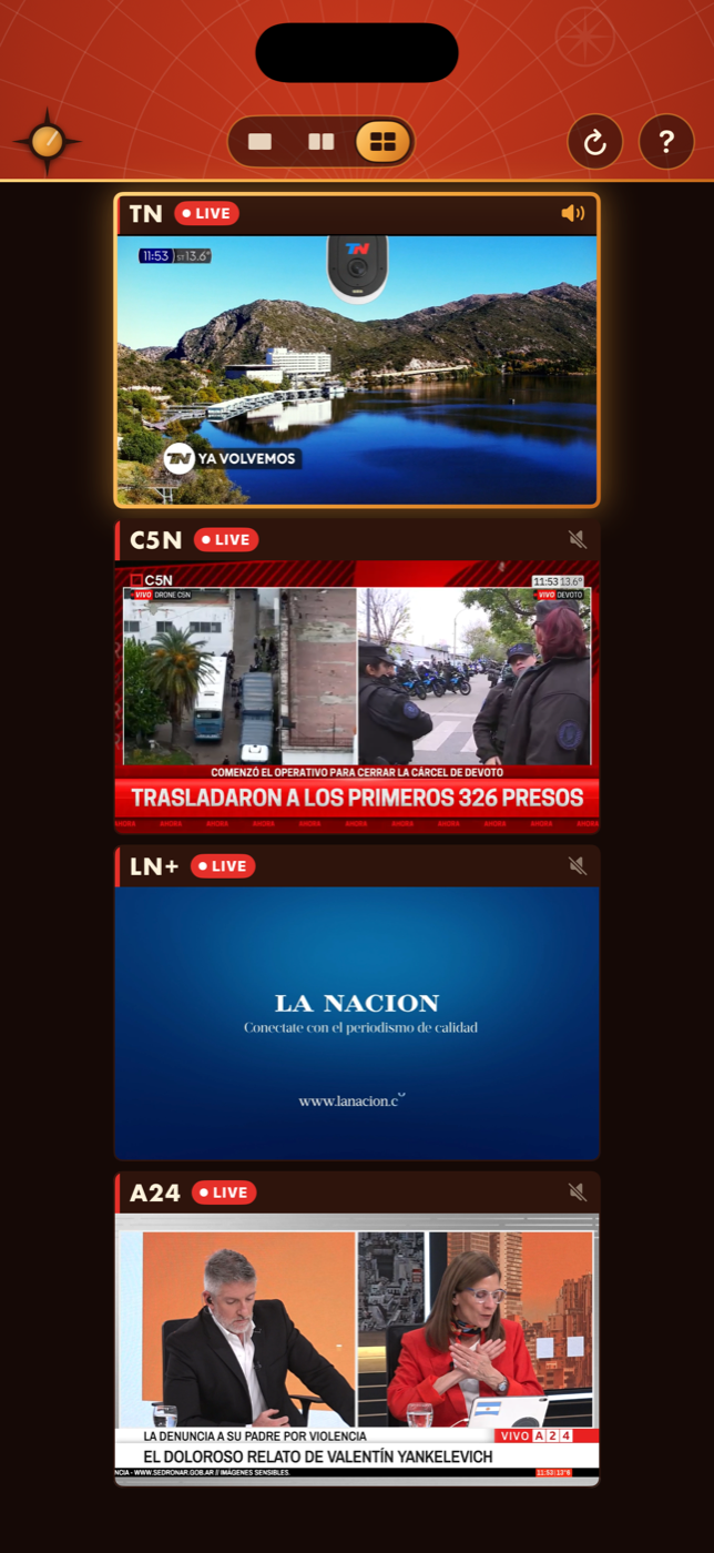 Skywall on iPhone showing four live channels